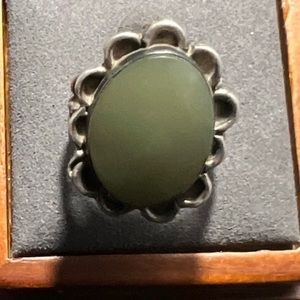 Huge Antique Native American Jade Flower Ring Hand Tooled Sterling Silver Size 7